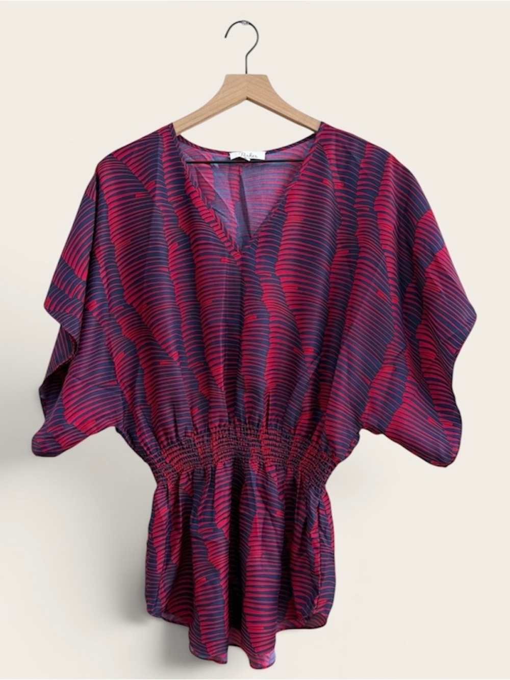 Parker Smocked Kimono Style Dolman Sleeve Red Blue Blouse Top Fish Wave Print
